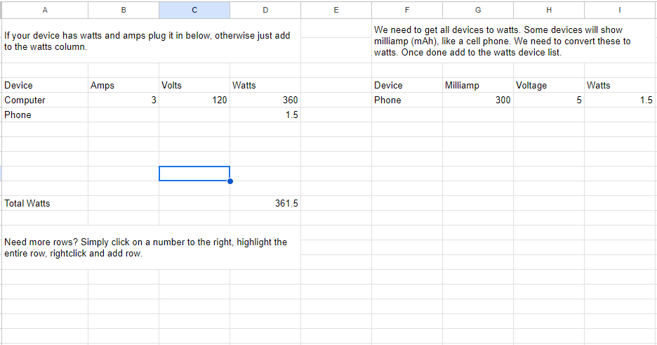Solar RV Wattage Calculator Spreadsheet